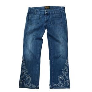 Seafarer Mid Rise Straight Leg Jeans Blue Laser Cut Eyelet Hem Size M